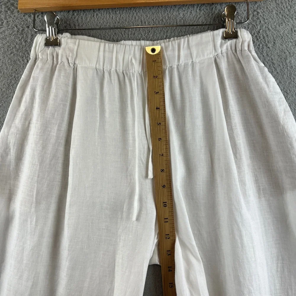 Zara Womens White Linen Wide Leg Drawstring Elastic Waist Crop Pants Pocketed S